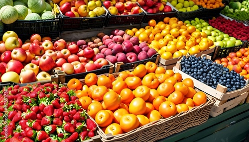 Vibrant outdoor fruit stand showcasing fresh apples, oranges, strawberries, and colorful vegetables in baskets and crates under natural sunlight