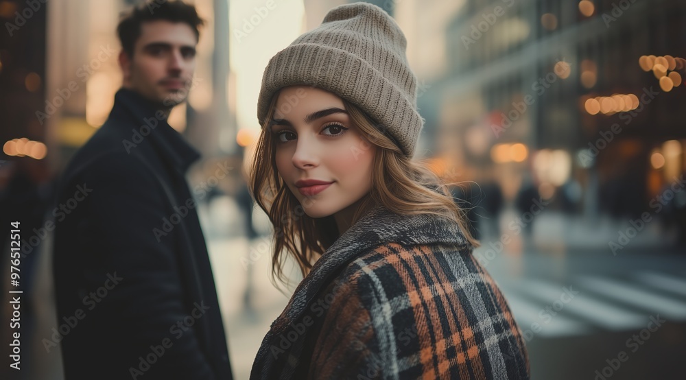 Young Woman in Beanie and Plaid Coat with Man on City Street Young Woman in Beanie and Plaid Coat with Man on City Street