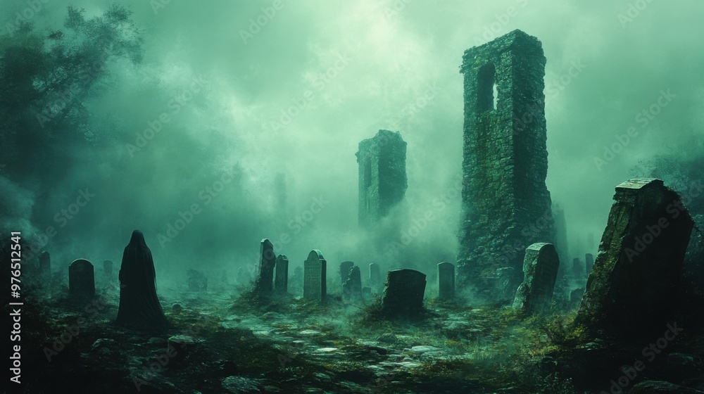 Eerie Atmosphere of an Abandoned Graveyard with Ghostly Apparitions and Misty Tombs Eerie Atmosphere of an Abandoned Graveyard with Ghostly Apparitions and Misty Tombs