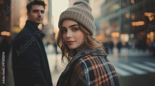 Young Woman in Beanie and Plaid Coat with Man on City Street