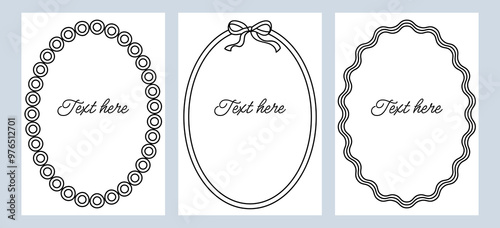 Border oval frames. Set frames with space for text. Hand drawn black oval frames with thin wavy lines isolated on background. Black frames