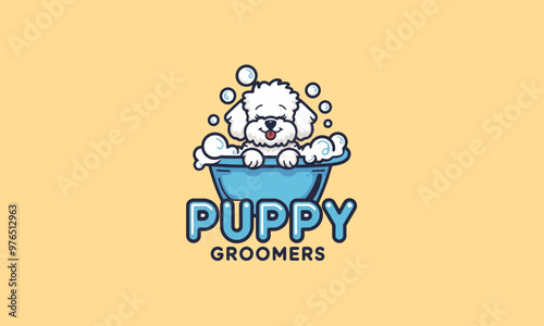 Adorable puppy in a bath with bubbles, grooming logo vector
