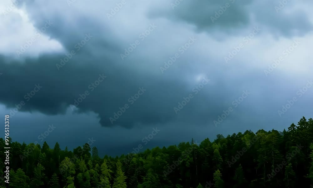 A stormy sky filled with looming dark clouds over a dense, green forest. A stormy sky filled with looming dark clouds over a dense, green forest.