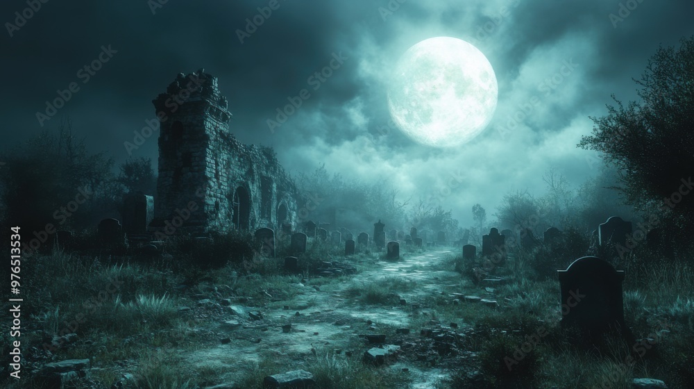 Eerie Moonlit Graveyard with Ghostly Apparition by Creepy Tombstones at Night