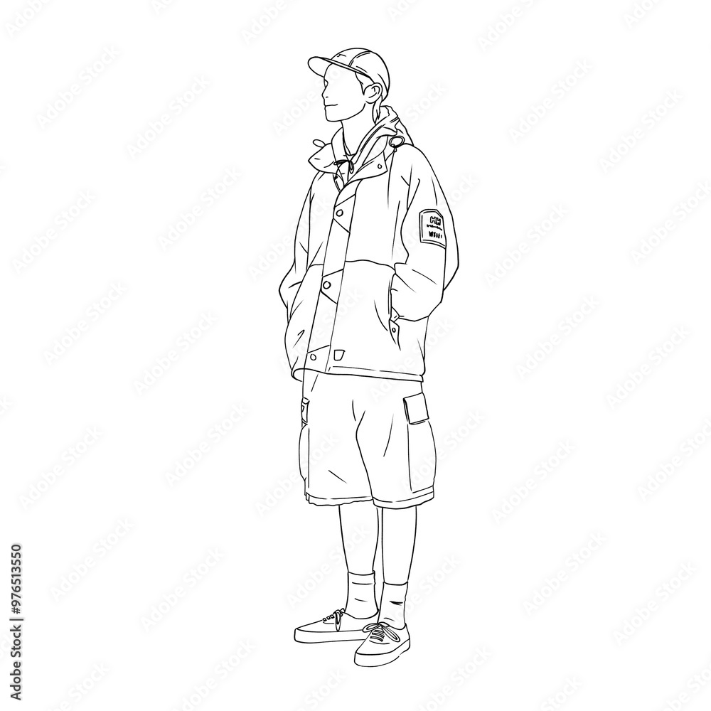 a line art illustration of a man with jacket and a cap a line art illustration of a man with jacket and a cap