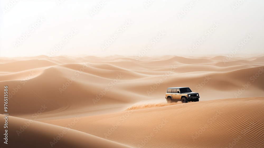 A vehicle navigates through the vast, sunlit sand dunes under a clear sky, capturing the adventurous and tranquil essence of the desert landscape. A vehicle navigates through the vast, sunlit sand dunes under a clear sky, capturing the adventurous and tranquil essence of the desert landscape.