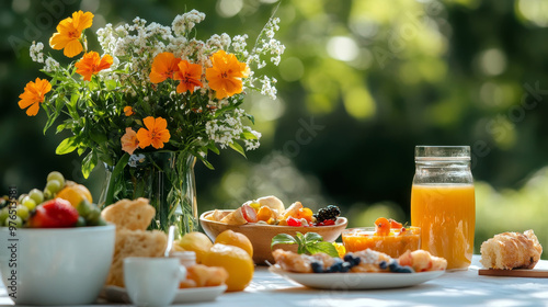 A charming garden setting features a delightful breakfast spread with fresh fruit, orange juice, pastries, and flowers in a vase, creating a perfect summer morning atmosphere.