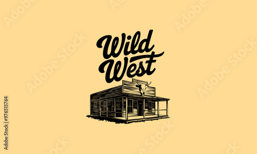 Wild West logo with rustic saloon and bull skull illustration