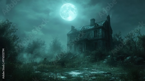Ghostly Haunted House on Hill with Overgrown Garden and Eerie Shadows in Moonlight