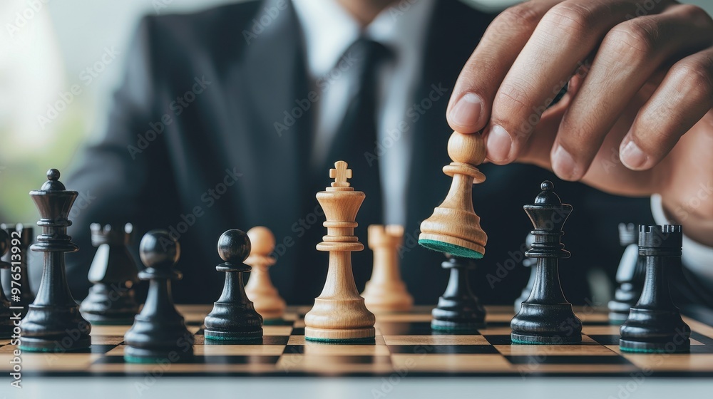 A man in a suit is playing chess with a wooden piece A man in a suit is playing chess with a wooden piece