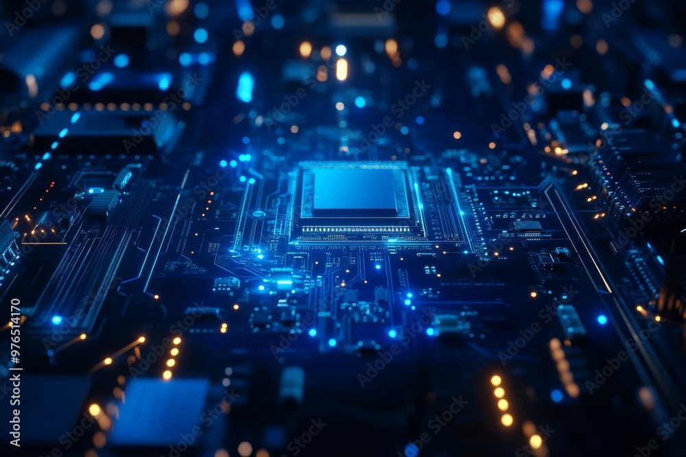 A close-up of a futuristic circuit board with glowing blue lights, symbolizing technology, innovation, connectivity, data processing, and the digital age. A close-up of a futuristic circuit board with glowing blue lights, symbolizing technology, innovation, connectivity, data processing, and the digital age.