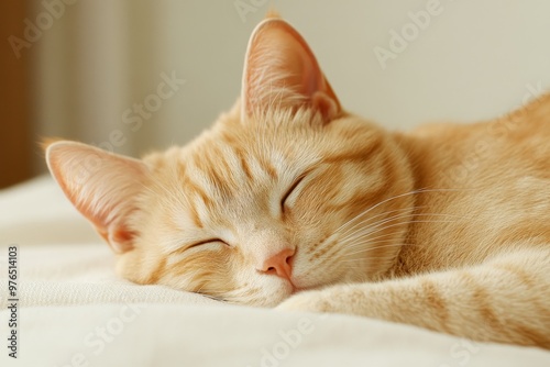 Wallpaper Mural A close-up of a ginger cat peacefully sleeping, showcasing its soft fur, delicate features, and relaxed state.  The cat's eyes are closed, paws tucked under its chin, and a serene expression fills its Torontodigital.ca