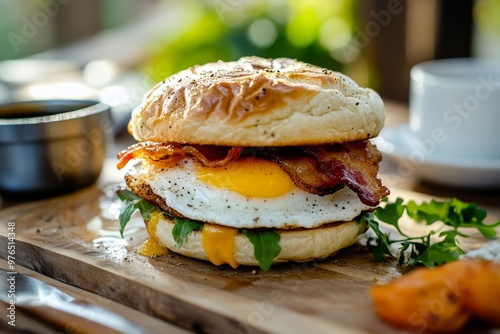Breakfast Sandwich, A sandwich made with bread, rolls, or English muffins, filled with ingredients like eggs, bacon or sausage, and cheese. 