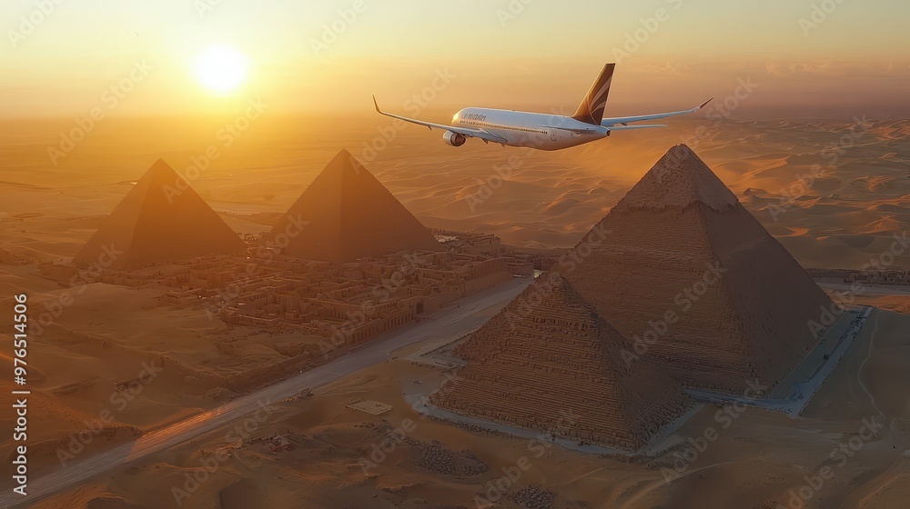Fototapeta premium Airplane Flying Over the Pyramids of Giza at Sunset