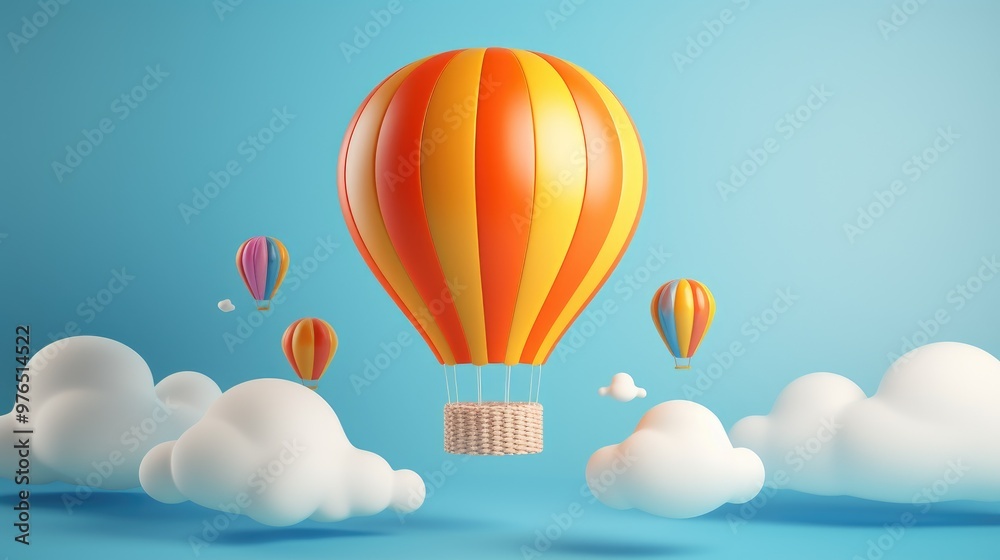 Obraz premium A bright orange and yellow hot air balloon with red, purple, and orange balloons in the background floating above white clouds on a blue background.