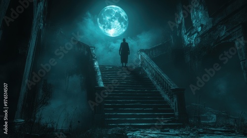 Haunting Presence: Ghostly Figure on Dark Staircase of Old Haunted House with Moonlight and Eerie Silence