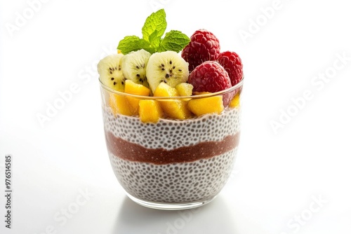 Chia Pudding, A mixture of chia seeds and milk (or a dairy-free alternative) left to thicken overnight, isolated on white background photo