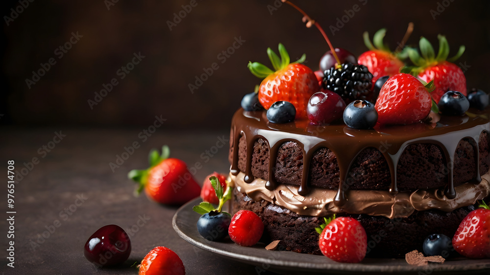 Delicious Chocolate Cake Topped with Fresh Berries, Strawberries, and Cherries on a Dark Brown Background , Perfect for Dessert Lovers and Special Occasions Delicious Chocolate Cake Topped with Fresh Berries, Strawberries, and Cherries on a Dark Brown Background , Perfect for Dessert Lovers and Special Occasions
