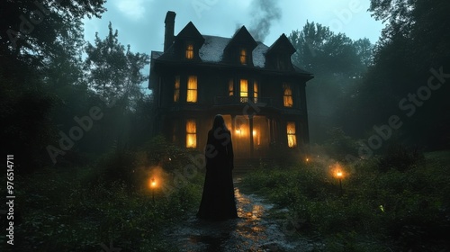 Eerie Victorian Haunted House with Ghostly Presence in Garden