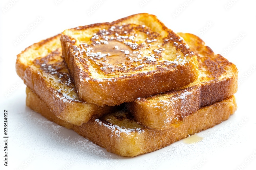 French Toast, Bread slices soaked in a mixture of beaten eggs and milk, then fried until golden brown, often served with syrup, powdered sugar, and fruits. Isolated on White Background French Toast, Bread slices soaked in a mixture of beaten eggs and milk, then fried until golden brown, often served with syrup, powdered sugar, and fruits. Isolated on White Background