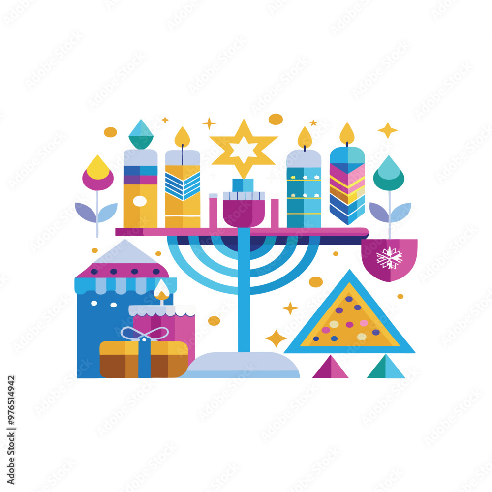 Happy Last Day of Chanukah card with menorah, candelabra, candles, gifts . Vector illustration. Happy Last Day of Chanukah card with menorah, candelabra, candles, gifts . Vector illustration.
