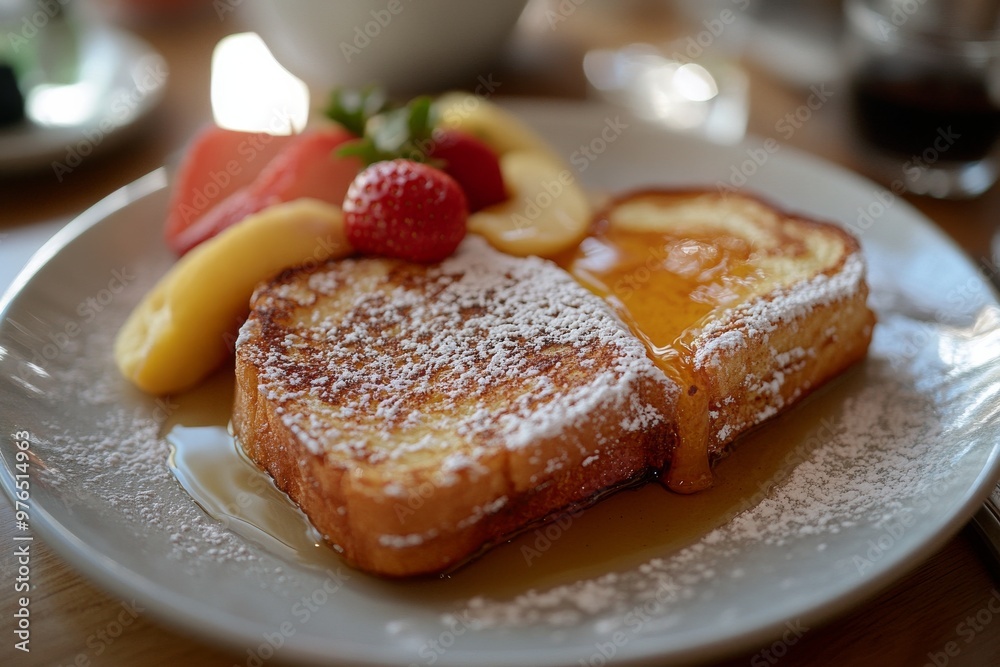 French Toast, Bread slices soaked in a mixture of beaten eggs and milk, then fried until golden brown, often served with syrup, powdered sugar, and fruits. French Toast, Bread slices soaked in a mixture of beaten eggs and milk, then fried until golden brown, often served with syrup, powdered sugar, and fruits.
