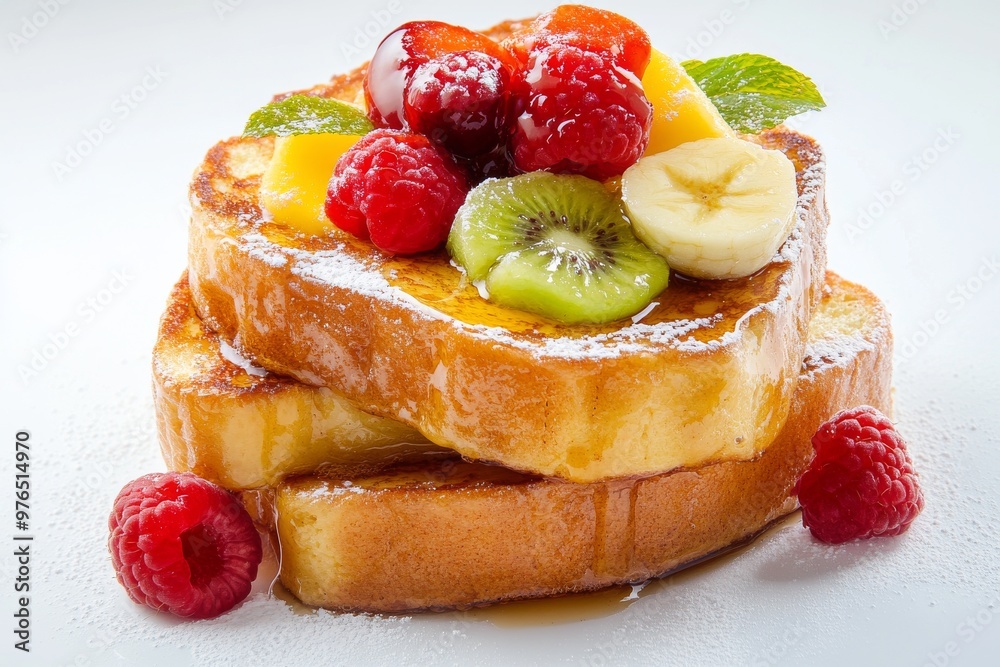 French Toast, Bread slices soaked in a mixture of beaten eggs and milk, then fried until golden brown, often served with syrup, powdered sugar, and fruits. isolated on white background French Toast, Bread slices soaked in a mixture of beaten eggs and milk, then fried until golden brown, often served with syrup, powdered sugar, and fruits. isolated on white background