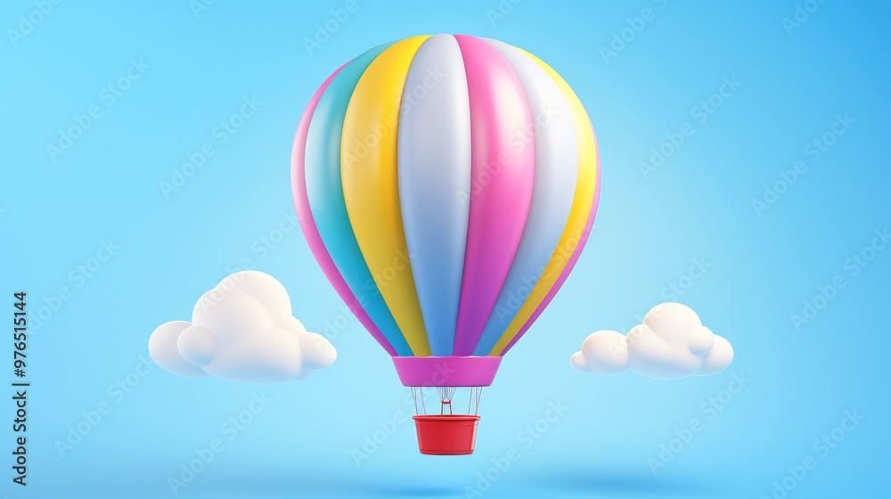 Obraz premium Colorful hot air balloon with clouds against a blue background.