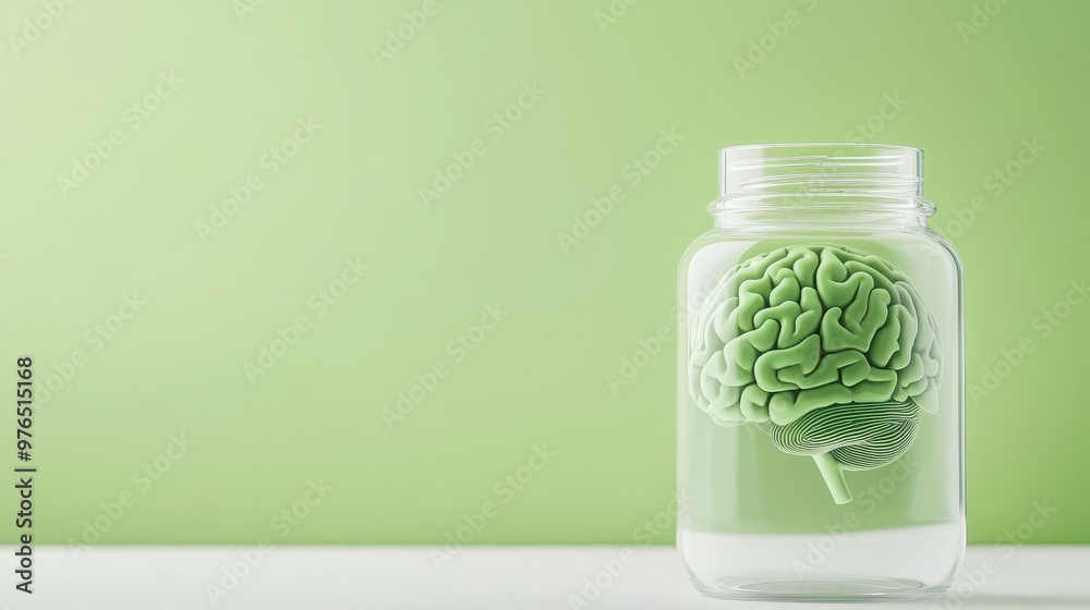 Green Human Brain in Glass Jar on Green Background Green Human Brain in Glass Jar on Green Background