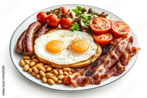 Full English Breakfast, A hearty meal typically including fried eggs, bacon, sausages, baked beans, grilled tomatoes, mushrooms, and toast, Isolated on White Background