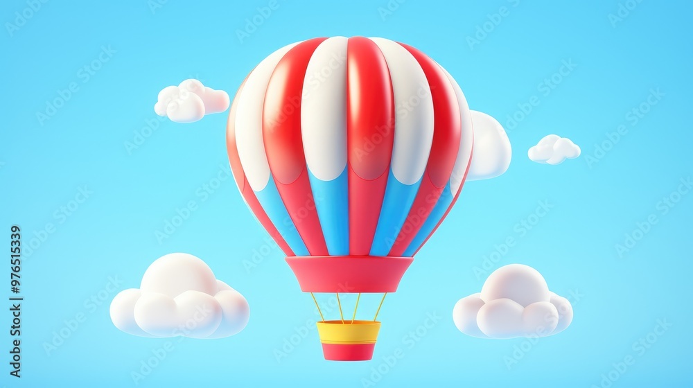 Fototapeta premium A red and white striped hot air balloon with a blue basket floats in a blue sky with white clouds.