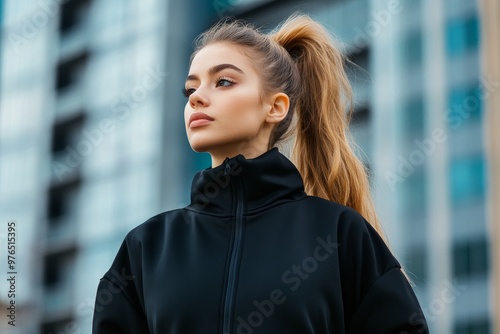 A confident young woman in black sportswear stands against a city backdrop, symbolizing strength, determination, fashion, fitness, and urban lifestyle.