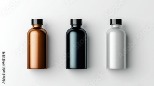 Stylish metallic bottles in copper, black, and silver, ideal for modern design and packaging aesthetics.