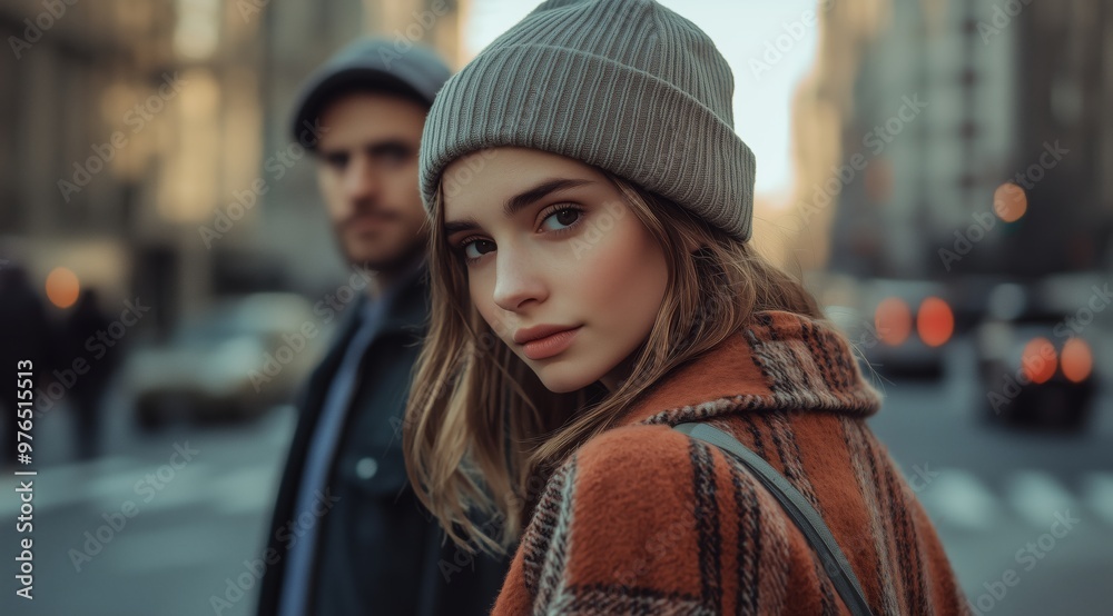 Fototapeta premium Urban Fashion Portrait of Young Woman in Winter Beanie with Downtown City Mood and Soft Bokeh Background