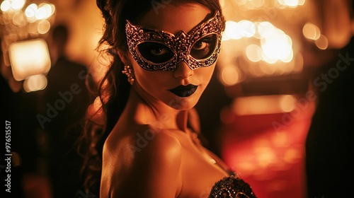Unique gambling-themed events, a masquerade ball with a hidden casino, elaborate costumes, mystery and excitement, dim lighting, dramatic mood