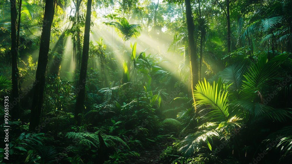 Obraz premium Sunlight filters through lush, dense tropical rainforest, illuminating vibrant green foliage and creating a serene, natural atmosphere.