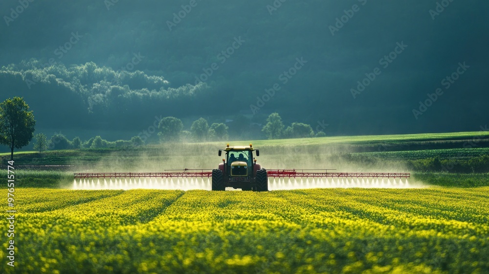 Fototapeta premium Tractor Spraying Crop Field