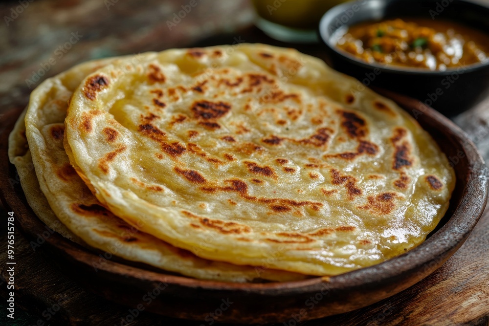 Roti Canai, An Indian-inspired flatbread, crispy on the outside and soft on the inside, often served with a side of curry or dhal. Roti Canai, An Indian-inspired flatbread, crispy on the outside and soft on the inside, often served with a side of curry or dhal.