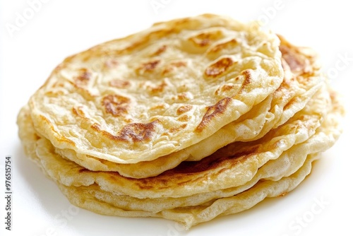 Roti Canai, An Indian-inspired flatbread, crispy on the outside and soft on the inside, often served with a side of curry or dhal. isolated on white background