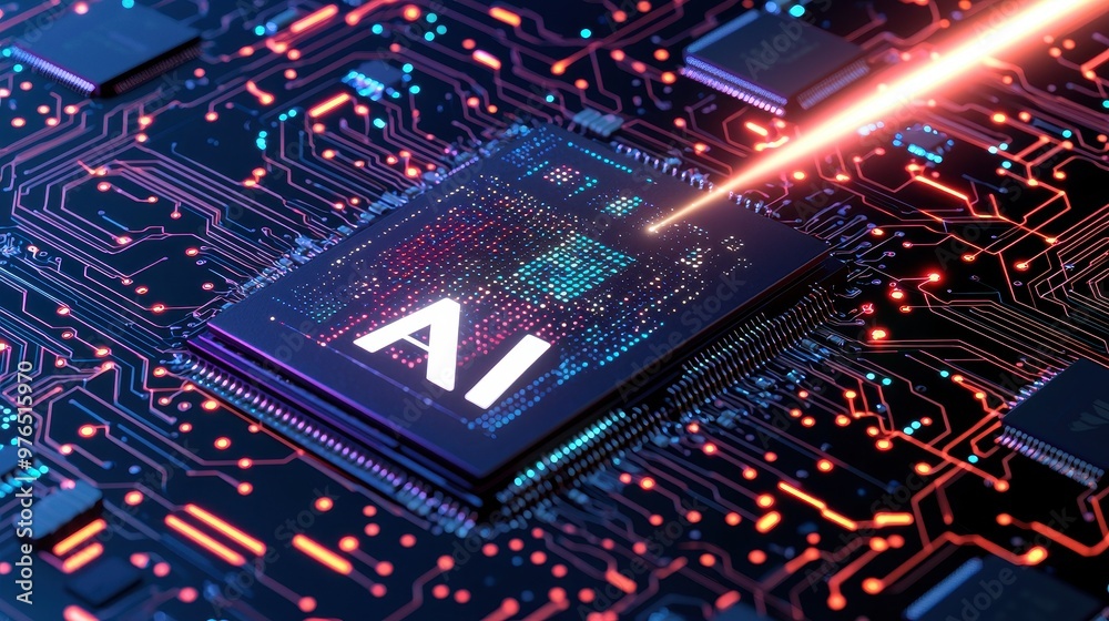 AI Chip on Circuit Board with Glowing Lines AI Chip on Circuit Board with Glowing Lines