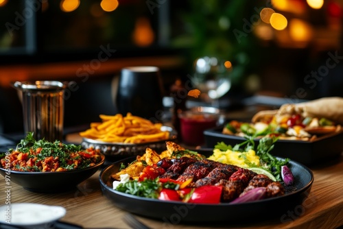 A delectable Turkish meal featuring grilled meat, vibrant vegetables, and crispy sweet potato fries, served on a rustic wooden table, inviting you to savor the flavors of authentic Turkish cuisine.