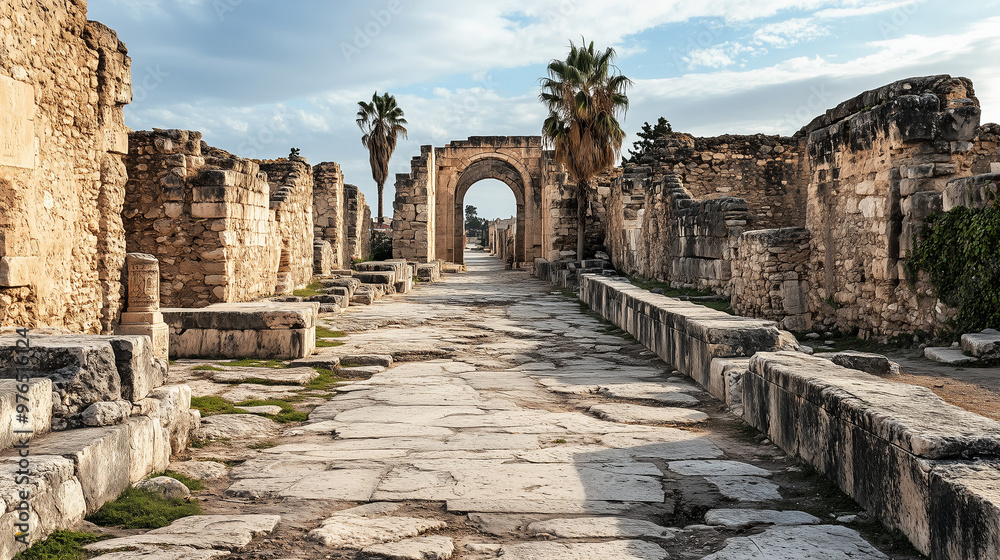 Ancient stone ruins with an arched gateway, reminiscent of a historical city, under a partly cloudy sky.