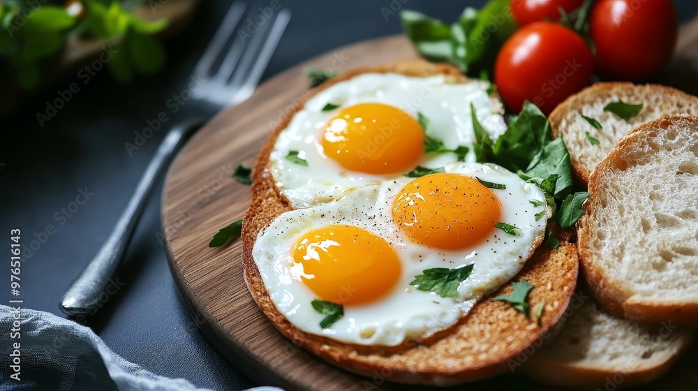A delicious plate of fried eggs with tomatoes on toasted bread, perfect for a hearty breakfast or brunch. This image showcases a simple yet satisfying meal with bright colors and fresh ingredients. A delicious plate of fried eggs with tomatoes on toasted bread, perfect for a hearty breakfast or brunch. This image showcases a simple yet satisfying meal with bright colors and fresh ingredients.