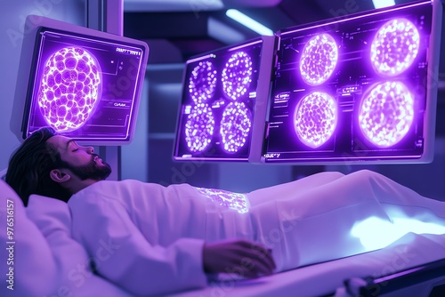 Wallpaper Mural A futuristic medical scene featuring a patient monitored by advanced technology displaying glowing data. Torontodigital.ca