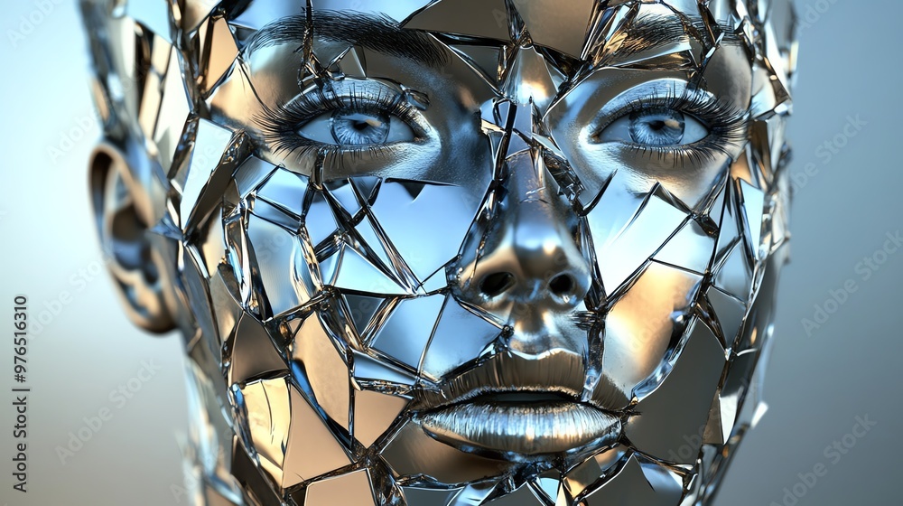 A futuristic robotic face made of reflective shards, symbolizing technology, innovation, and digital evolution. A futuristic robotic face made of reflective shards, symbolizing technology, innovation, and digital evolution.