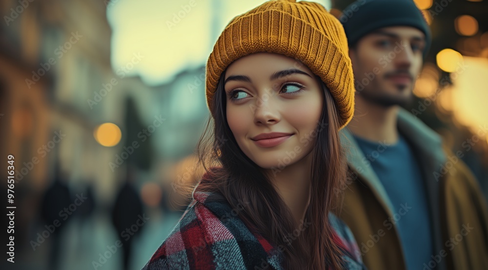 Young Woman in Beanie and Plaid Coat with Man on City Street Young Woman in Beanie and Plaid Coat with Man on City Street