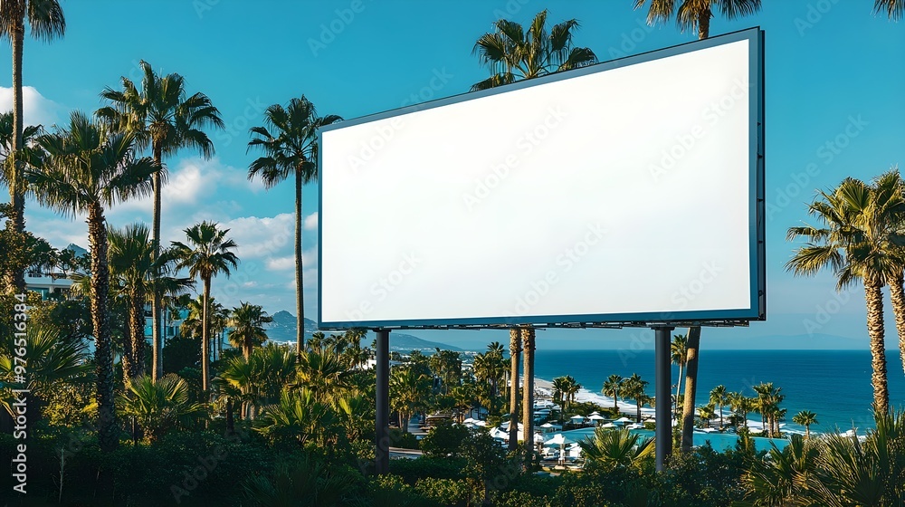 Fototapeta premium Blank Billboard Tropical Beach Palm Trees Mockup