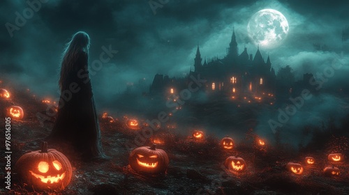 Ghostly Encounter on Moonlit Hill - Spooky Scene with Haunted Mansion, Glowing Pumpkins, and Eerie Atmosphere in Ultra-Realistic Style