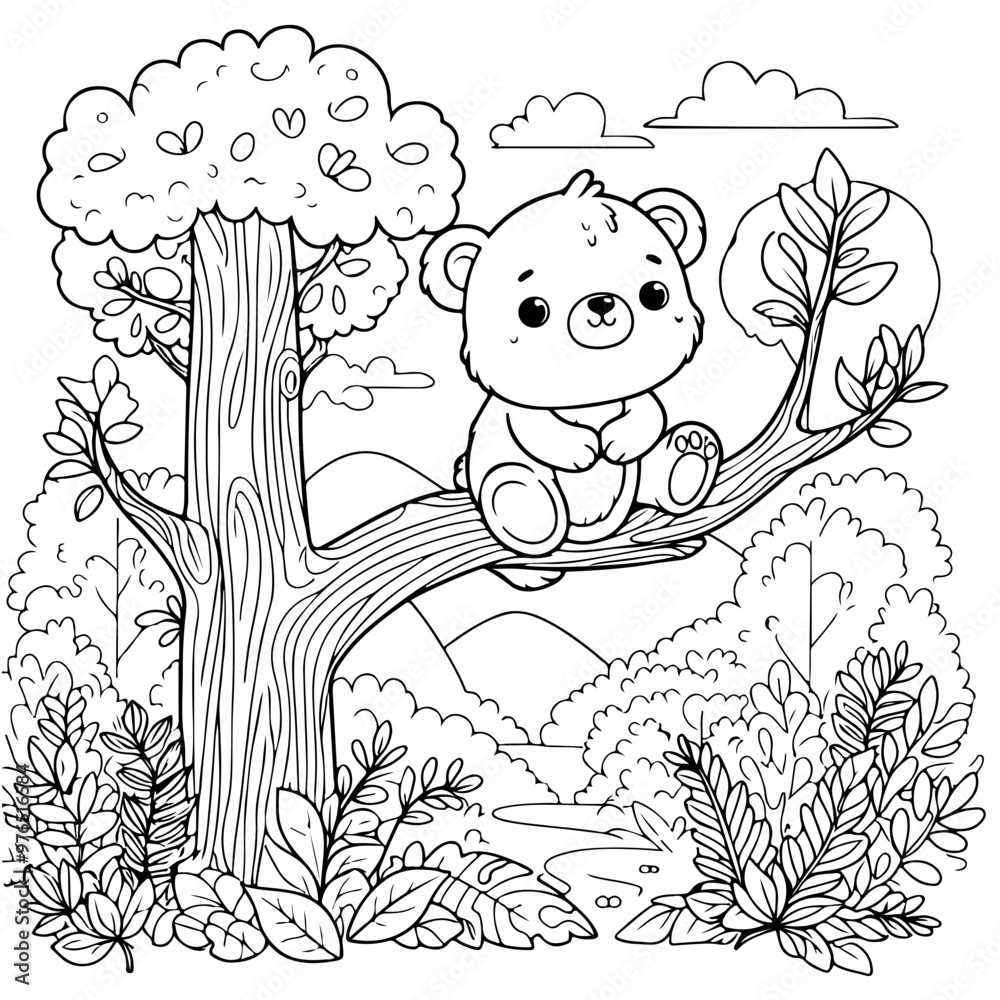 Fototapeta premium baby bear in the forest coloring book for kids