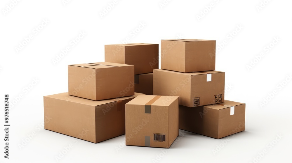 A pile of cardboard boxes isolated on a white background. A pile of cardboard boxes isolated on a white background.